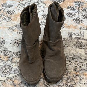 FLY LONDON 38 ( 7.5-8) Yomi wedge booties w/ Velcro strap ankles in brown suede